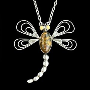 Vintage sterling silver and amber dragonfly brooch pin